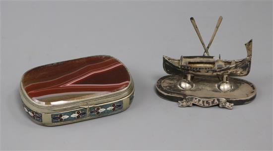 An agate lid snuff box and model white metal Maltese boat.